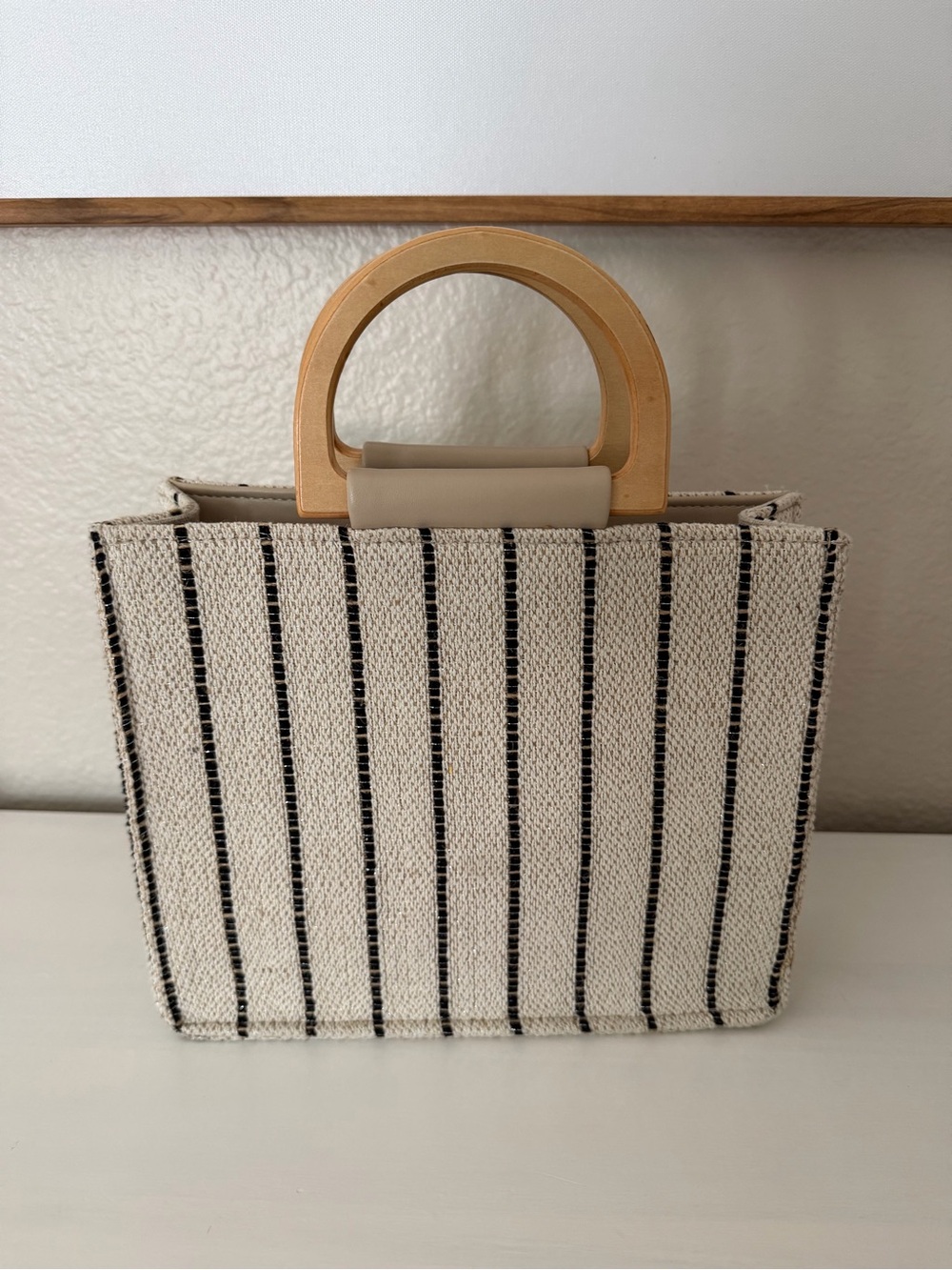 Striped Canvas Mini Tote with Wooden Handles - Beige & Black